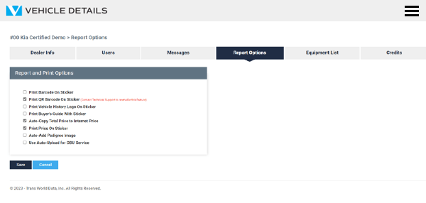 Vehicle Details Report Options